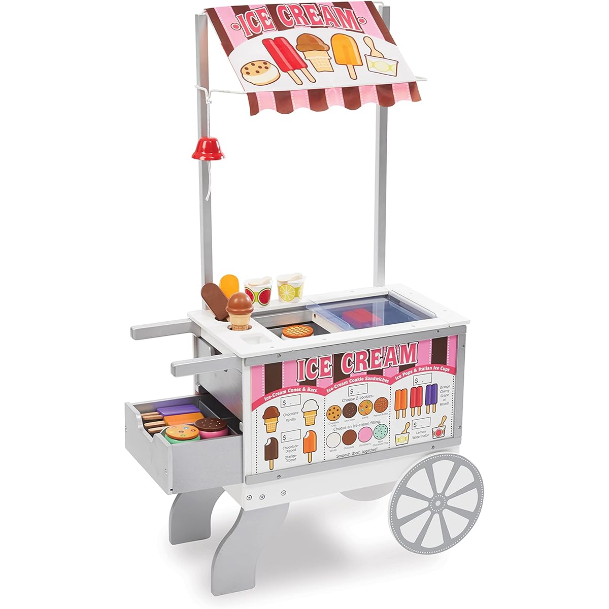 Melissa & Doug Wooden Snacks and Sweets Food Cart - 40+ Play Food PCs, Reversible Awning