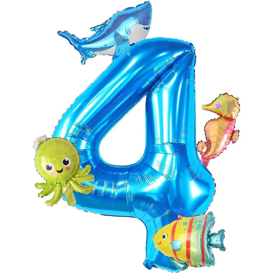 40inch Blue Number 4 Mini Sea Animal Balloons Octopus Shark Seahorse Fish Aluminum Film Foil Balloons for Kids Birthday Cute Baby Shower Party Decorations Sea Animals 4th Birthday Supplies