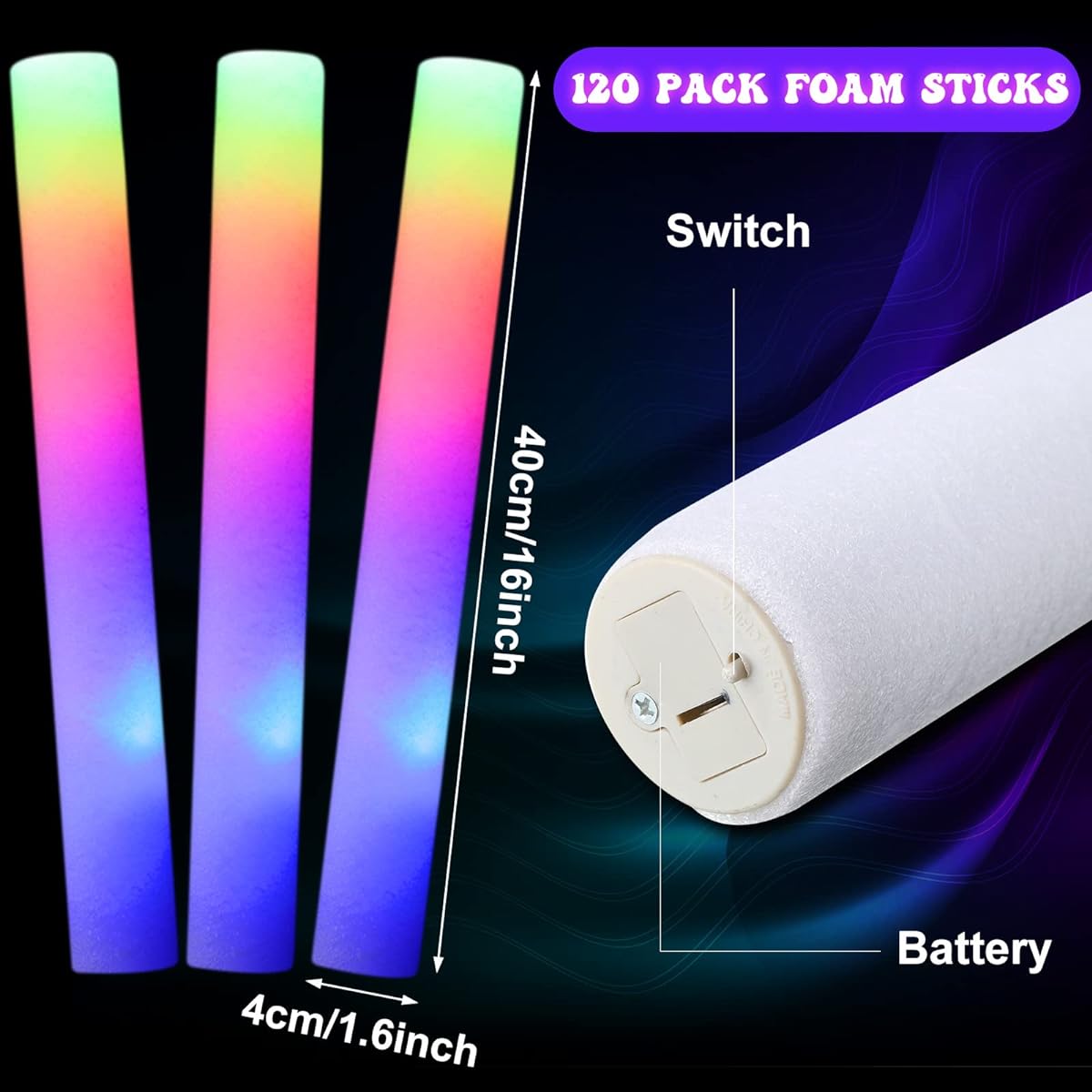 120 Pack LED Foam Sticks Colorful Flashing Glow Sticks 16 Inch Glow Baton 3 Modes Flashing Light Up Sticks Glow in the Dark Party Supplies for Birthday Wedding Party Halloween Christmas