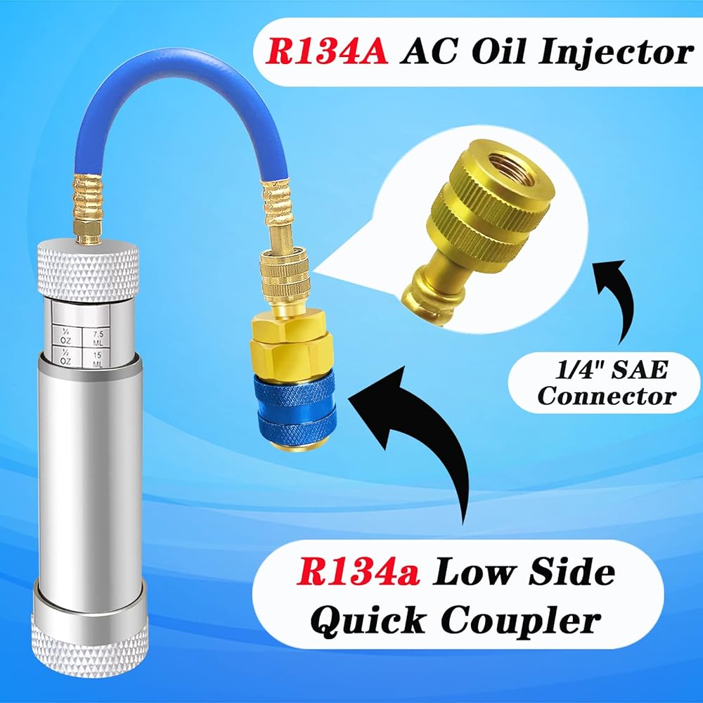 R1234YF/R134A AC Oil Injector Kit -HVAC Dye Oil Injector Kit R1234YF&R134A AC Oil Injector with Low Side Quick Coupler with 1/4" SAE Connector for R1234YF R134A System (Silver for r1234yf / r134a)