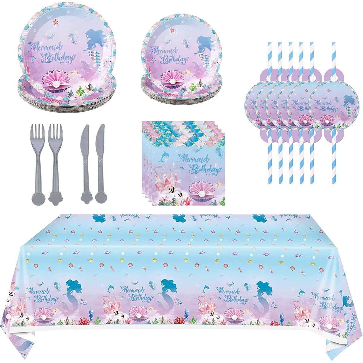 Mermaid Party Supplies, 145 Pieces Mermaid Birthday Decorations with Tablecloth, Paper Plates, Napkins, Forks, Knives, Straws, Party Tableware Set for Graduation, Birthday, Wedding, Serves 24 Guests