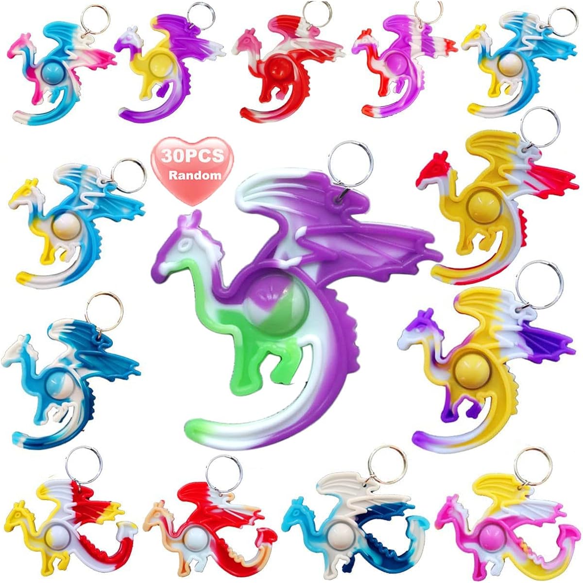 Rainbow Bulk Dragon Mini Pop Fidget Toys 30 Pack Kids Birthday Holiday Party Favor Gift Student Anxiety Stress Relief Prize