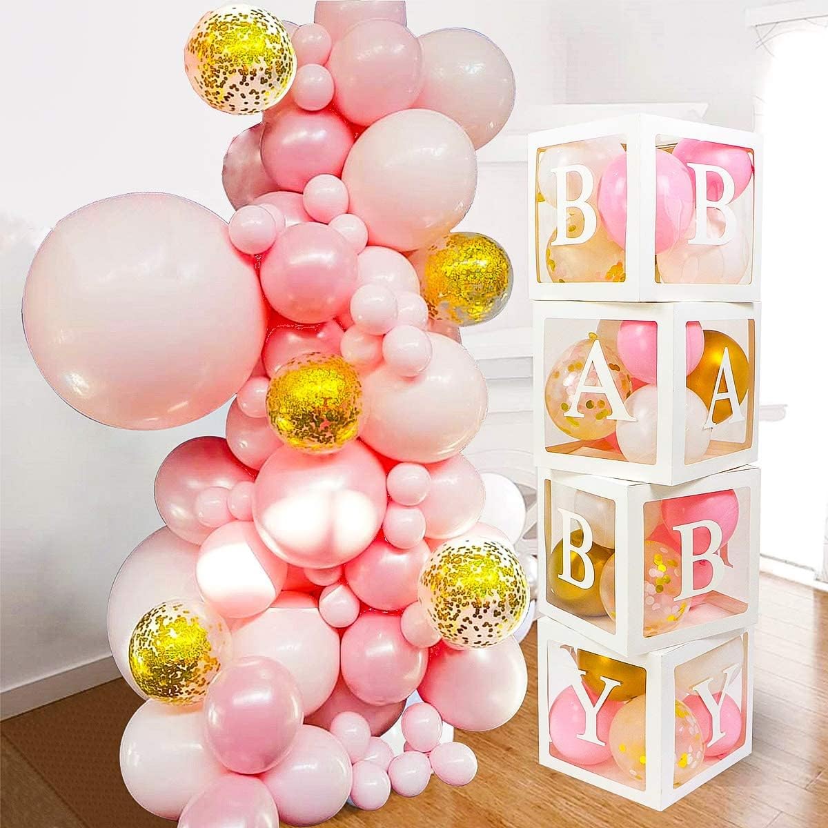 Baby Shower Decorations for Girls, Jumbo Clear Baby Blocks Balloon Box, Baby A-Z Letters DYI White Gold Confetti Balloons, Gender Reveal Party Supplies, 1st Birthday Decor, 82pcs