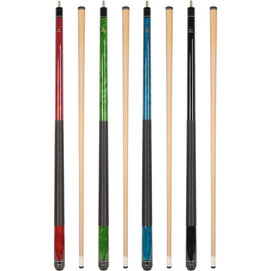 Aska Pool Cue Set of 4 LEC, Canadian Hard Rock Maple, Black, Blue, Green, Red 5/16x18, Joints with Black Nylon Wrap, Sturdy and Durable Le Pro Tips, Various Weights