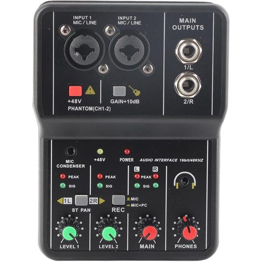ASHATA 2 Channel Audio Mixer Sound Card USB 48V Phantom Power Compact Sound Mixing Console USB Sound Card for PC Recording Music Recording Home Karaoke Internet Karaoke