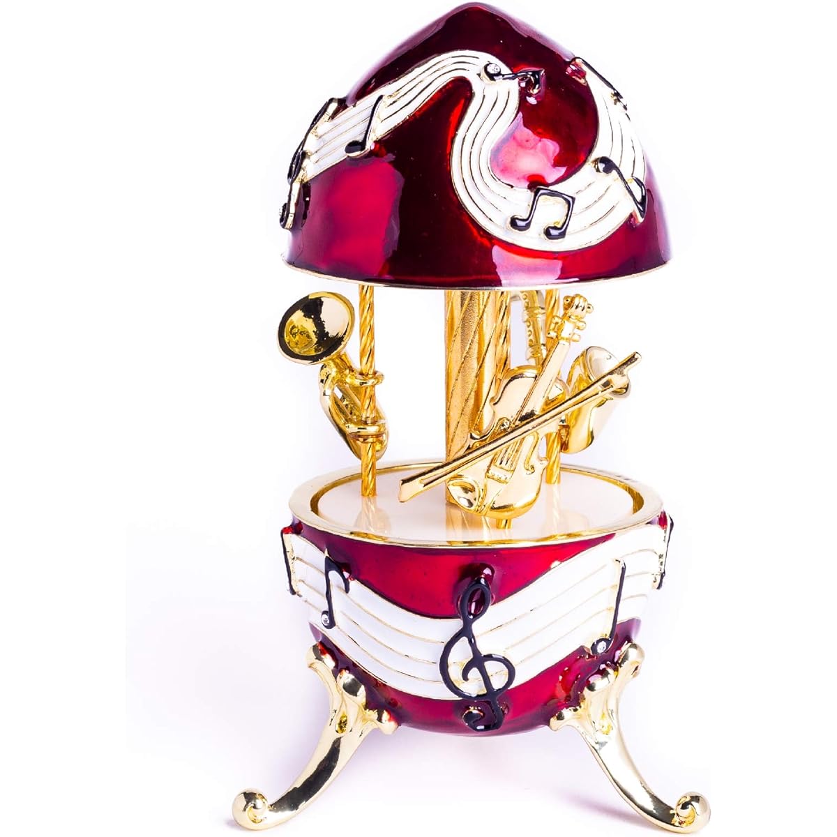 Keren Kopal Red Music Carousel with Instruments Wind-Up Music Box Spinning Violin Saxophone Trumpet Fabergé Style Unique Handmade Gift Idea