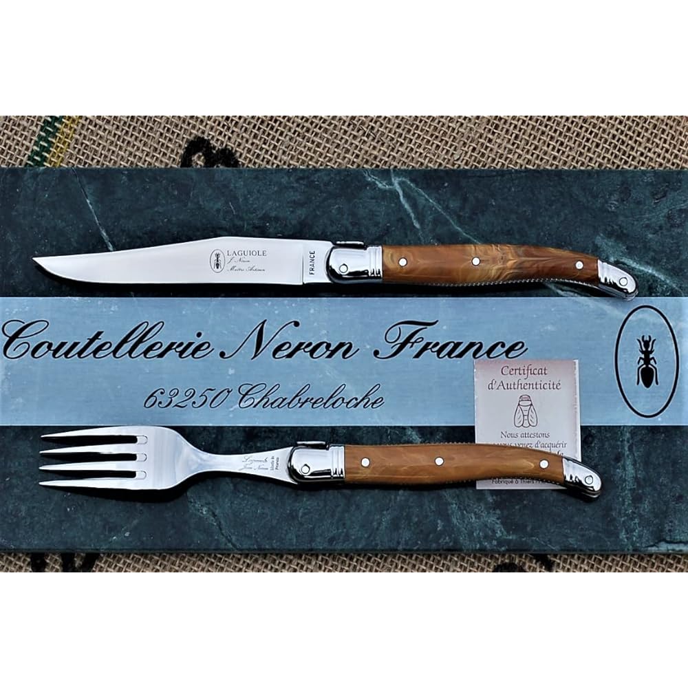Raieur ABS handle 2.5mm dinner knife 2.0mm fork set gift boxed Made in France NERON Olive Marble