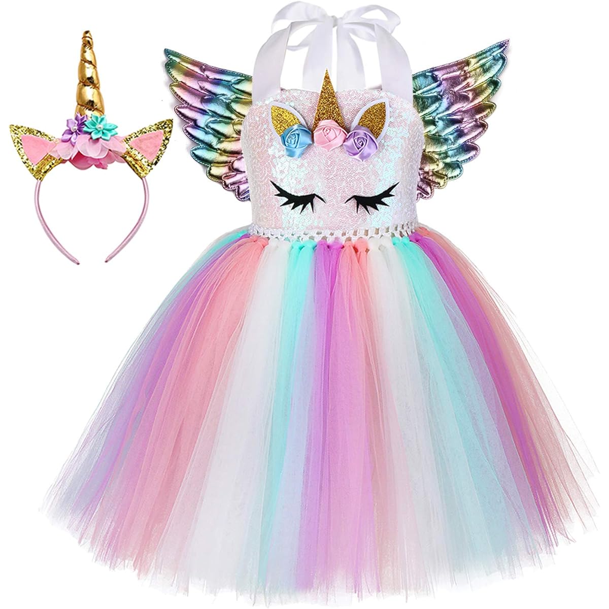 Tutu Dreams Sequin Unicorn Dress with Wings and Headband for Girls 1-10 Years Old Birthday Spring Easter Party Gift 3 Piece Set