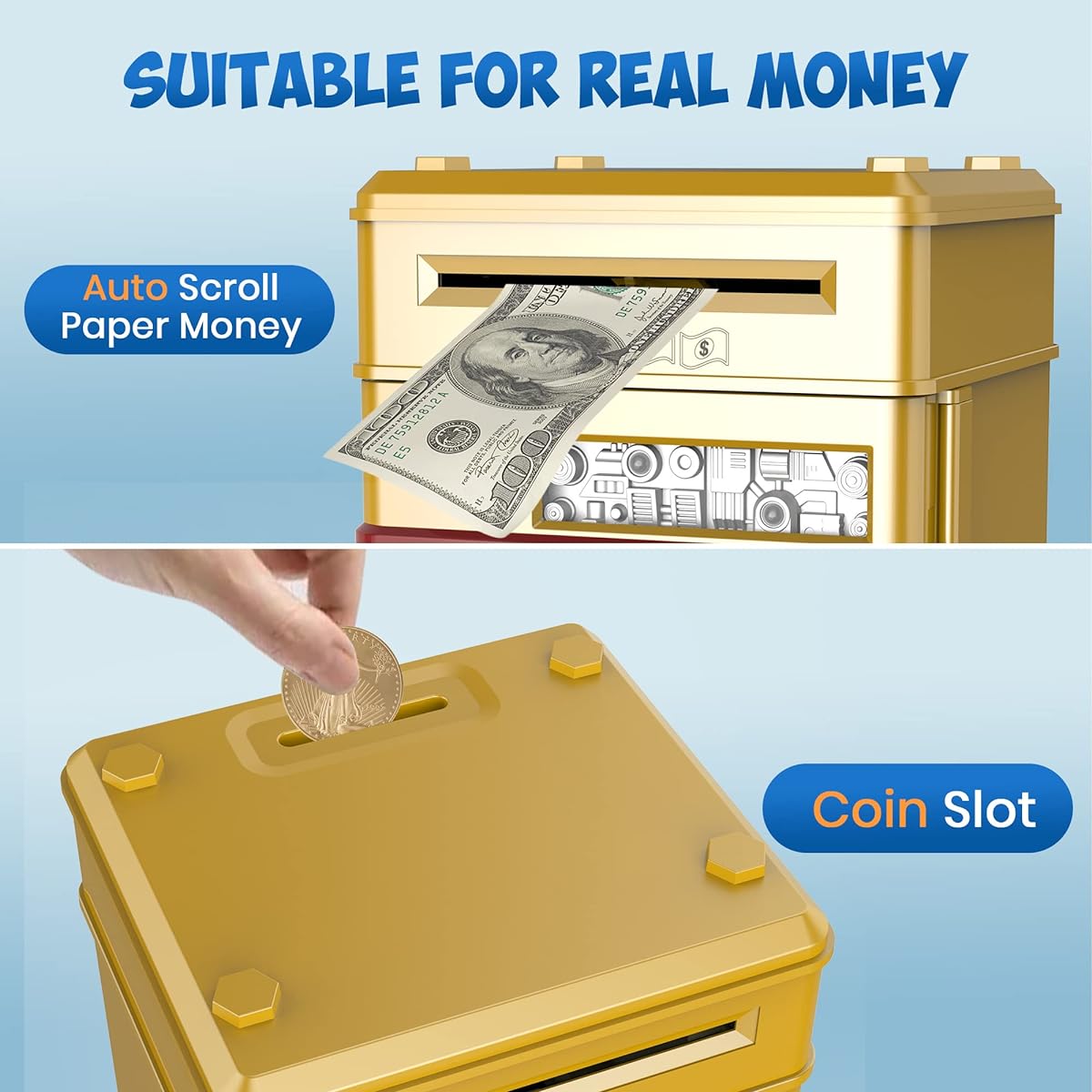 TUSEASY Piggy Bank Toy Gift for 4 5 6 7 8 9 10 Years Old Boys Girls Electronic Real Money Coin ATM Savings Safe Lock Kids Cute Kawaii Stuff (Gold)