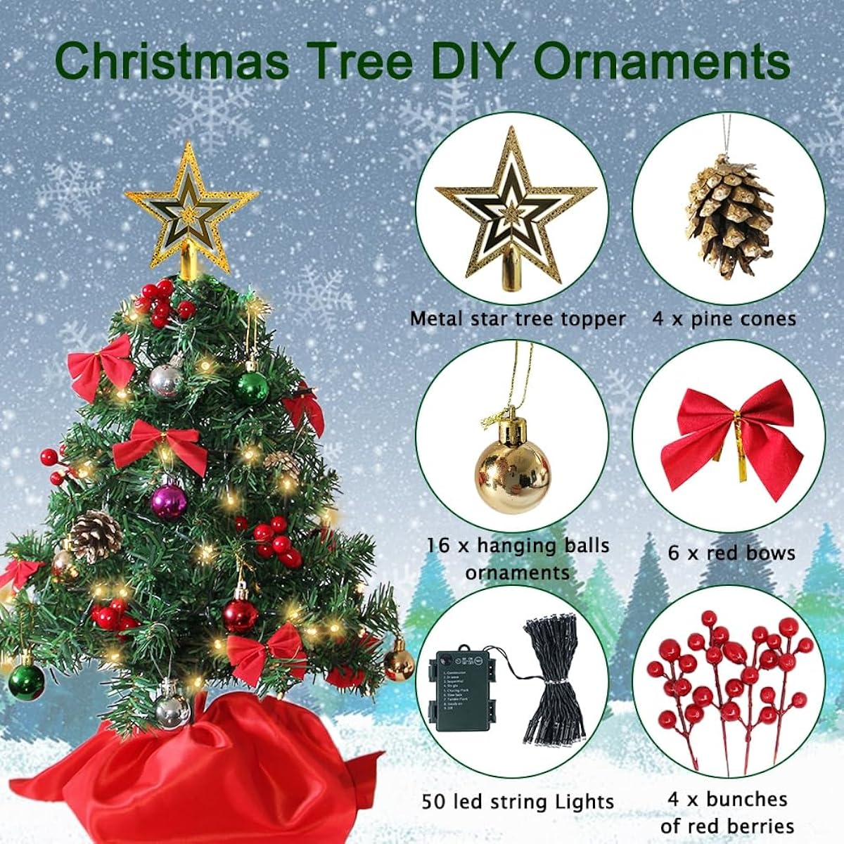 Juegoal 24" Mini Christmas Tree Set, Tabletop Artificial Christmas Tree with 50 LED Lights, Tree Topper, Ornaments, Red Berries, DIY Christmas Decorations