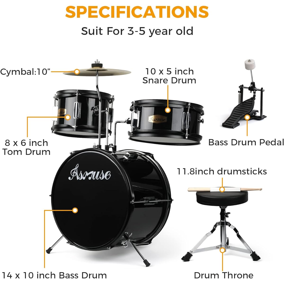 Asmuse Kids Drum Set 3 Piece Drum Set Bass/Tum Snare/Cymbal Perfect Gift for Boys/Girls (Black)