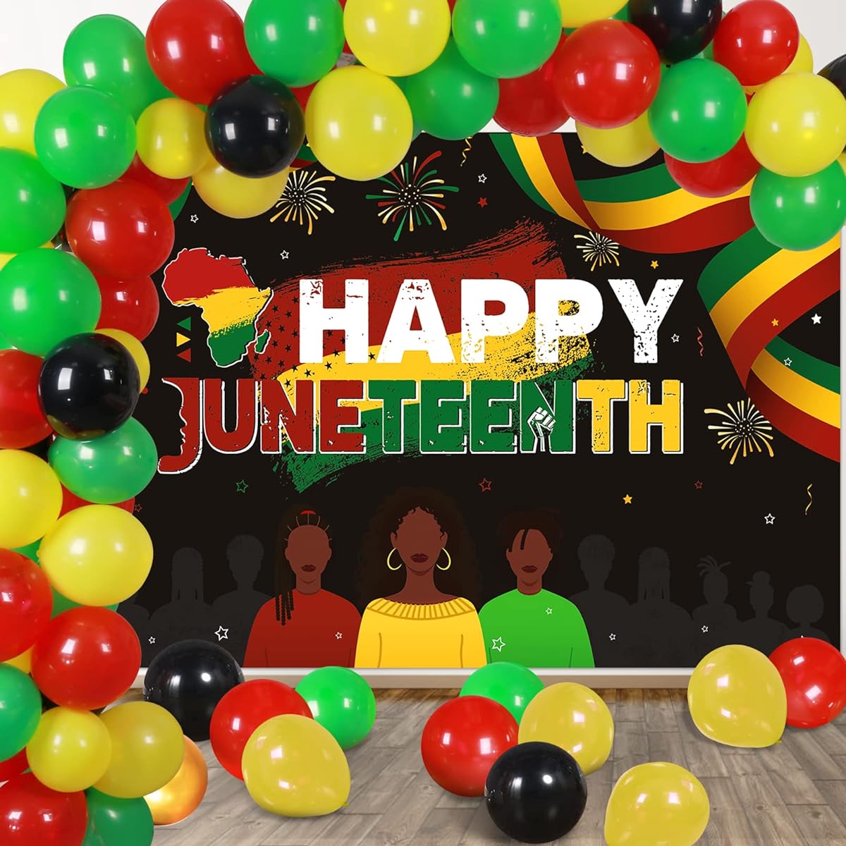 Juneteenth Decoration Kit, 1pc Large Happy Juneteenth Backdrop Banner + 70pcs Balloons Set for June 19th Independence Day African Afro American Freedom Day Party Supplies for Outdoor Indoor