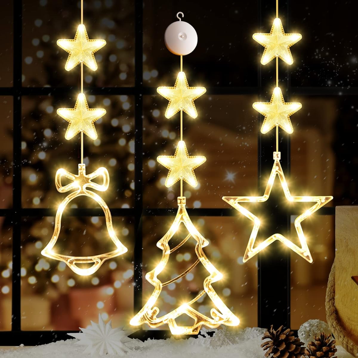LYUBASA Christmas Window Light Decorations, 3pcs Battery Operated Christmas Window Hanging White Lights Snowflake Shape LED Suction Cup String Lamps for Christmas Tree Fireplace Window Indoor Outdoor Decoration