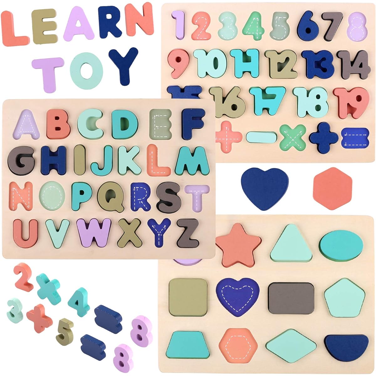 Voamuw Wooden Puzzles for Toddlers, Wooden Alphabet Number Puzzle Shape Puzzle for Ages 2 3 4 5 Preschool Learning Puzzle Toy Set for Boys and Girls (3 Pack)