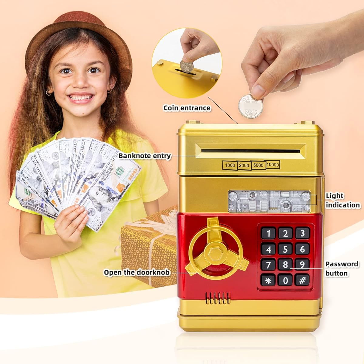 gold pink piggy bank birthday toy gift 4 5 6 7 8 9 10 years old boy girl electronic real money coin ATM machine plastic large savings piggy bank safe lock box children cute cute play play fun