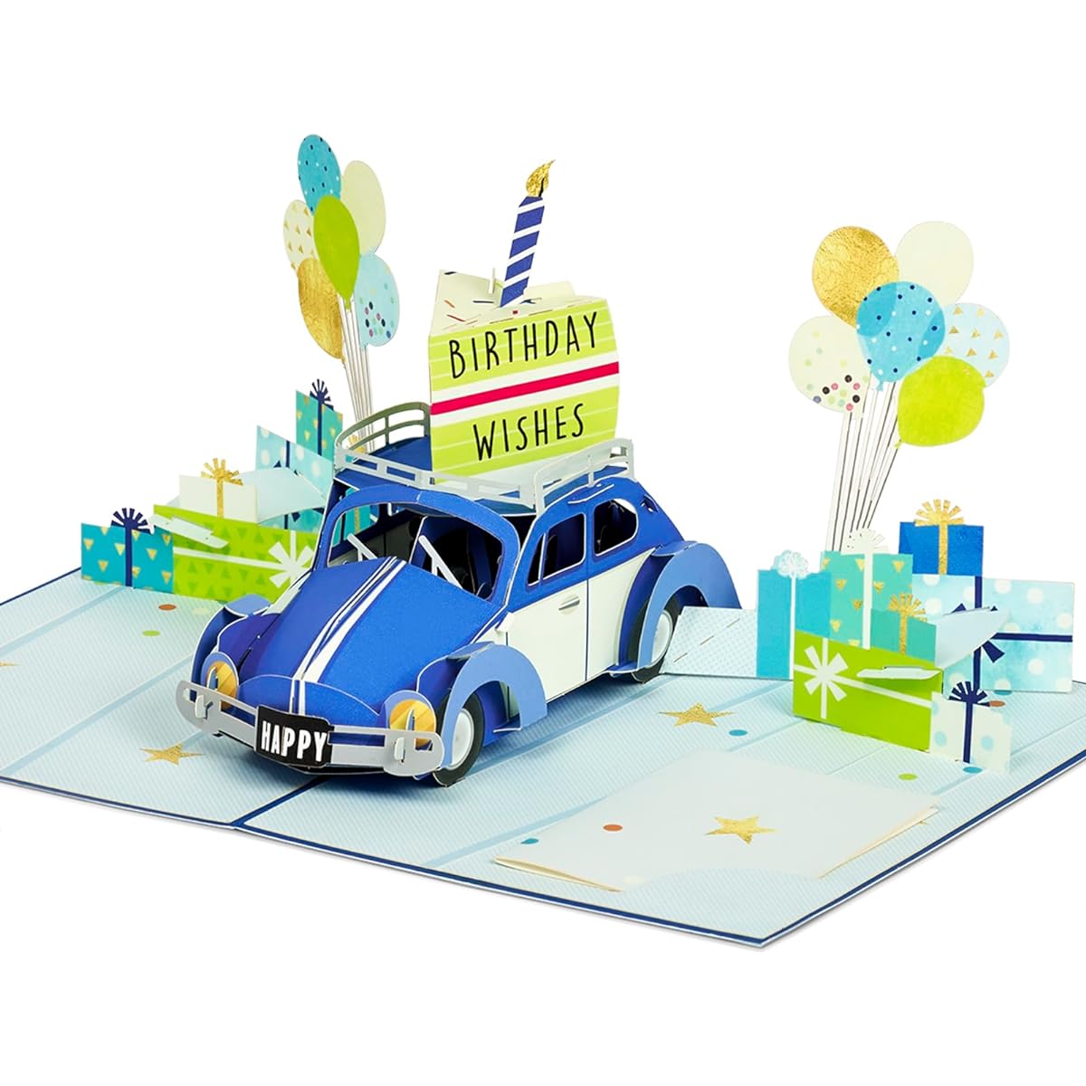 POPWOW Birthday Pop Up Card Beetle Bug Blue Car with Cake and Candles Wishes Lots of Gifts Balloon 3D Greeting Cards Ideal Gift for Kids/Son/Daughter/Boy/Girl/Granddaughter/Granddaughter 5x7 Inch
