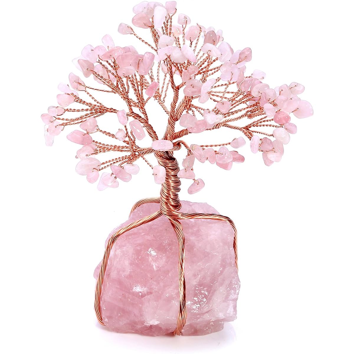 Top Plaza Chakra Healing Crystals Copper Money Tree Wrapped On Natural Rose Quartz Base Feng Shui Luck Figurine