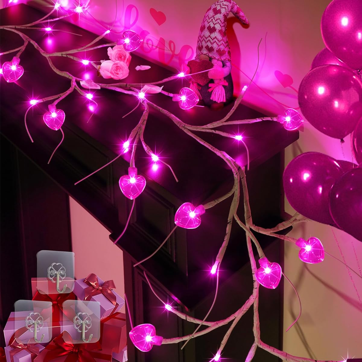 RJZZ 6FT 54LED Valentine's Day Decorative Garland Valentine Garland with Lights Willow Vine Heart Lights with Timer 8 Modes Battery Operated Waterproof Valentine Decorations for Home Mantle Fireplace