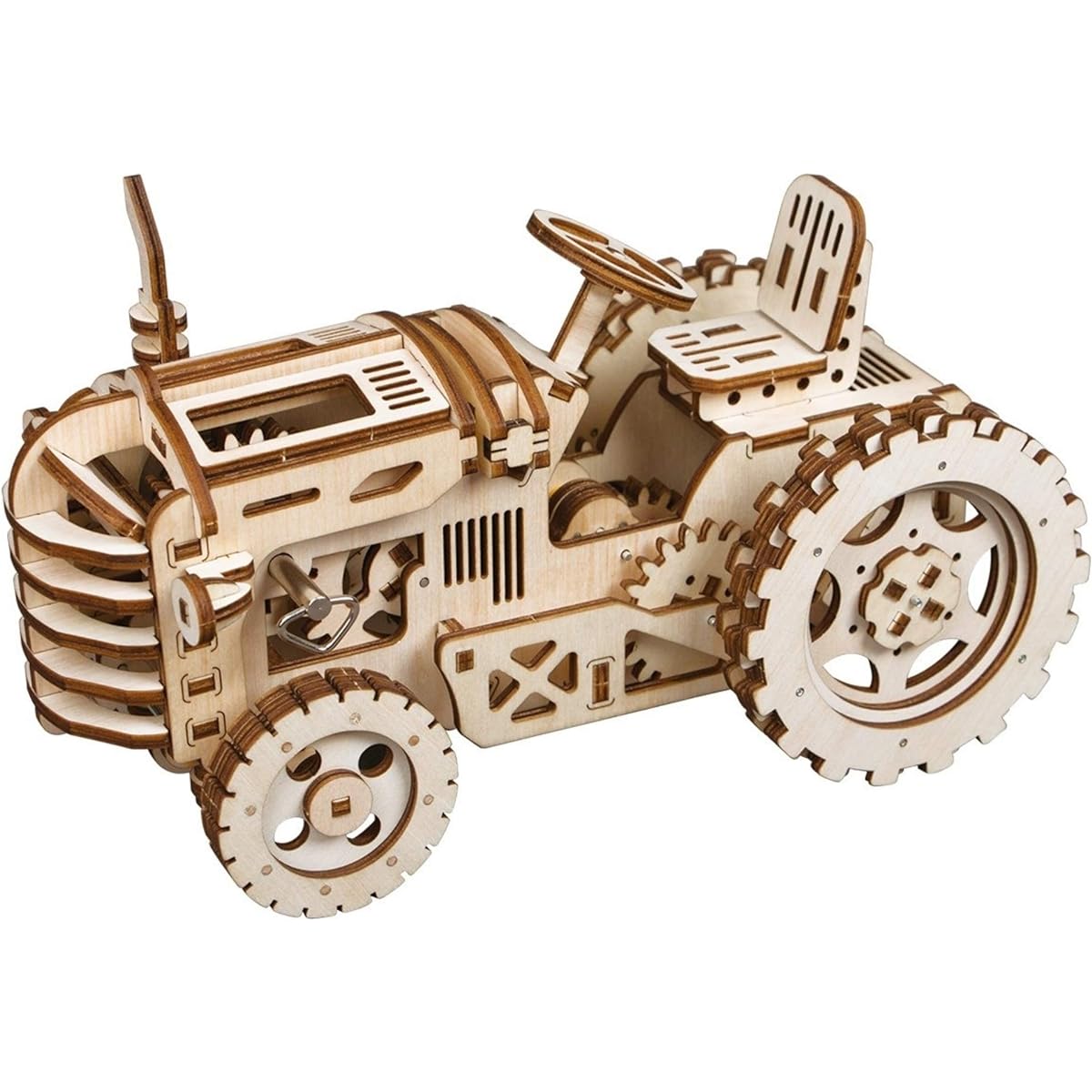 DIY 3D Wooden Puzzle Laser Cut Mechanical Wind Up Puzzle Model Kit Premium Quality Wood Non-Toxic Safe (Tractor)