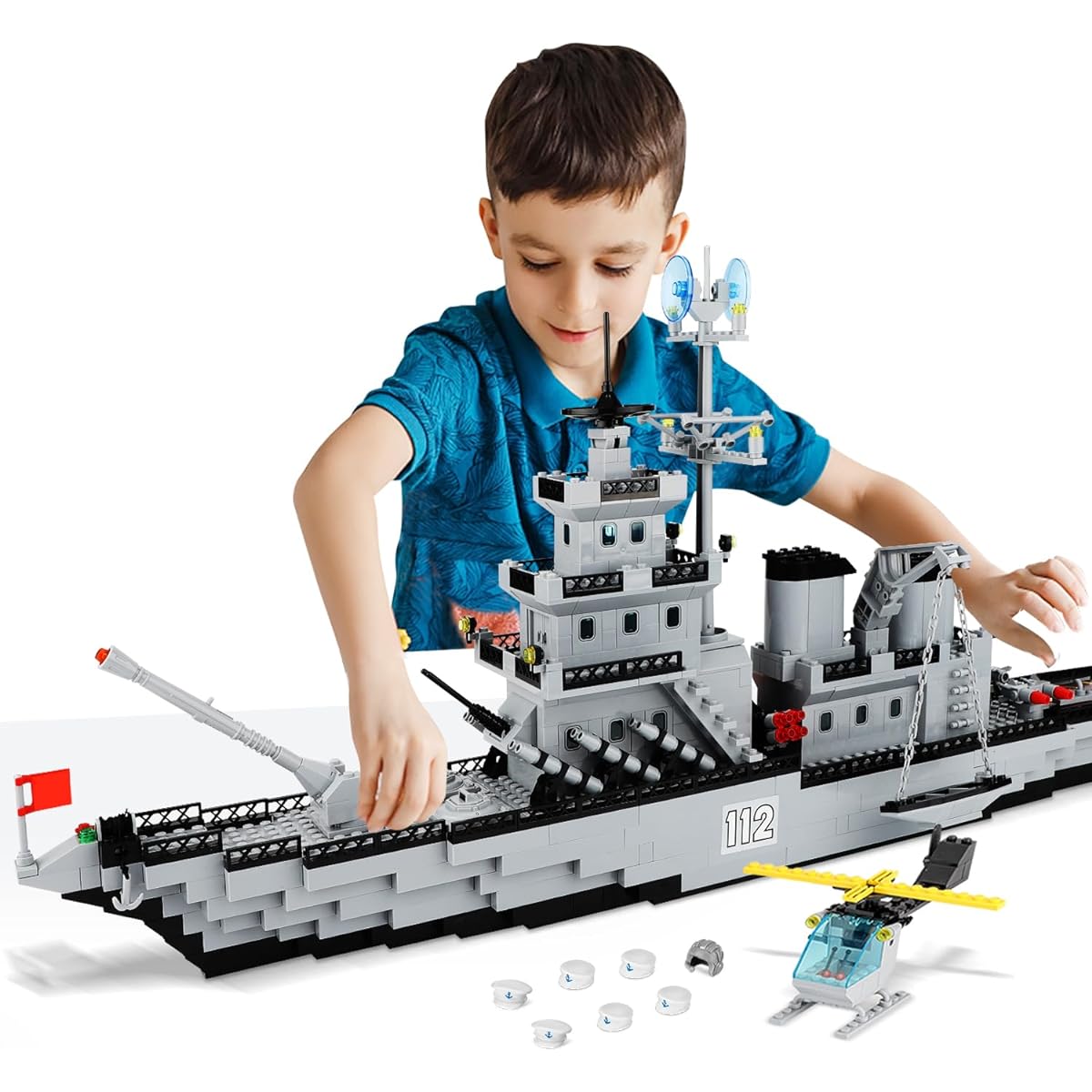 WW2 Military Battleship Building Blocks Set Large Cruiser Toy Military Battleship Toy with Helicopter and City Lifeboat Compatible with Lego Sets Gifts for Boys 8-14 Years Old Adults (910 Pieces)