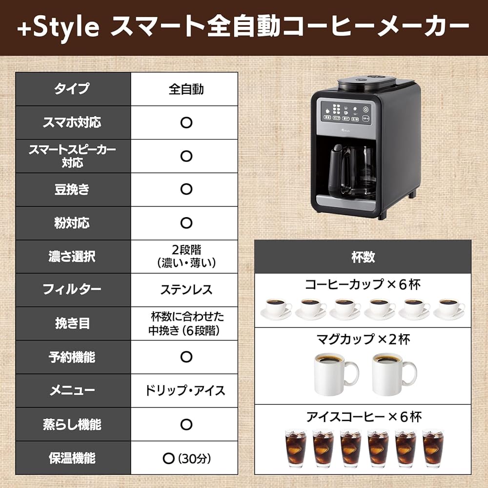 Style Smart Fully Automatic Coffee Maker with Timer, Schedule Function, Compatible with Alexa and Google Home, 6 Mill Levels, Compatible with Beans and Powders, Compatible with Steaming, Iced Coffee, Remote Control, Plus Style