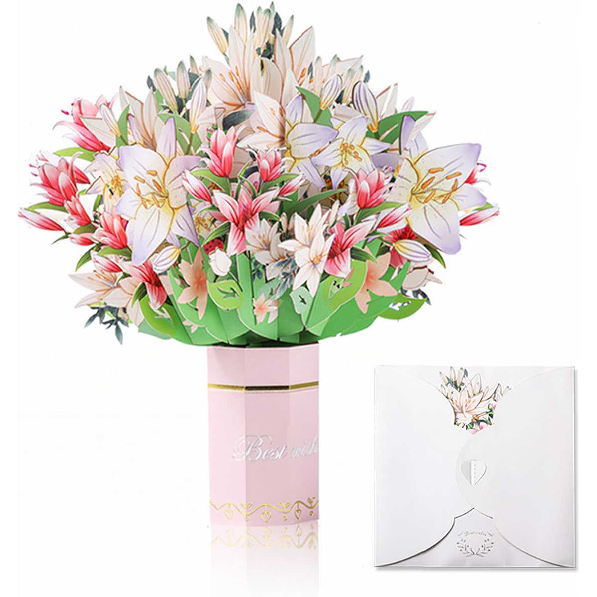TANZOIJI 3D Pop Up Birthday Greeting Cards Paper Flower Pop Up Card Bouquet Get Well Gifts Instant Birthday Cards for Women Mom (Lily)