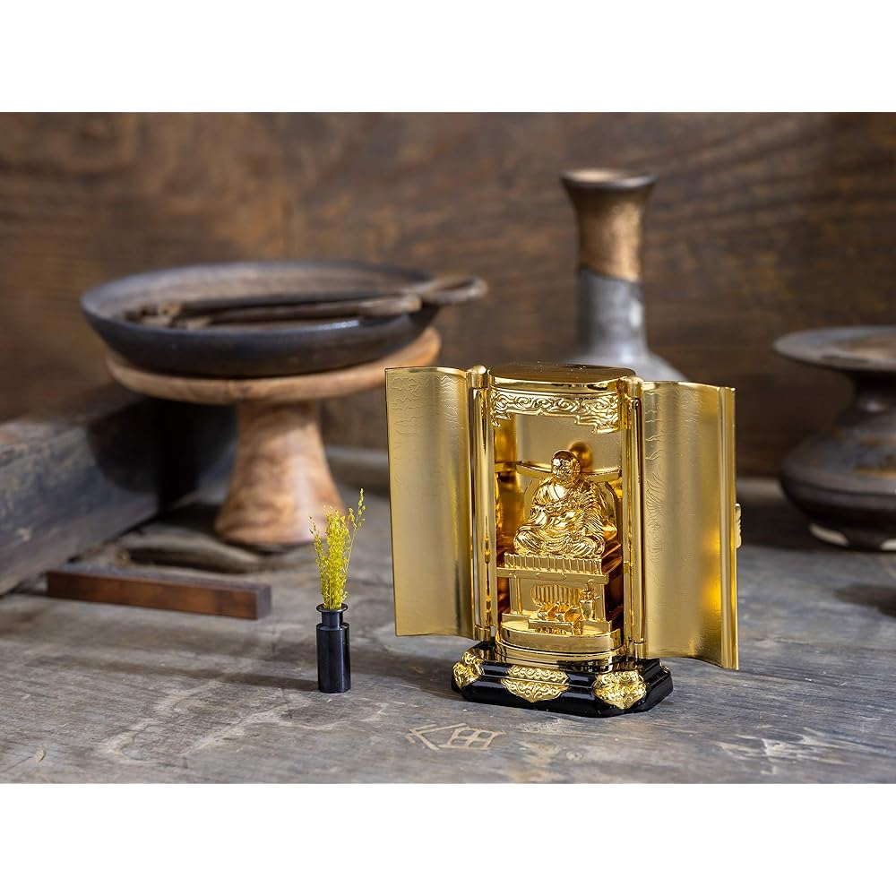Buddha statue Kobo Daishi with Zushi (gold plated/24K gold) _ "Shingon Buddhism" Kukai Takaoka copperware (Kobou Daishi Z)