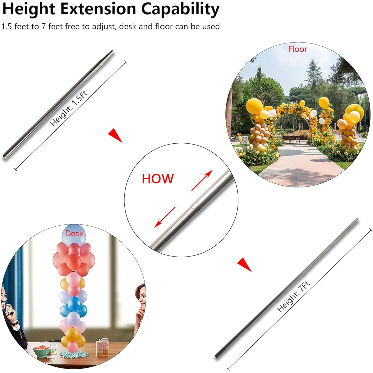 KMOMO Adjustable Balloon Stand for Floor - 1.5ft to 7ft with Free Telescopic Balloon Column Kit, Set of 2, Outdoor Indoor Balloon Column Stand for Wedding, Graduation Party, Birthday