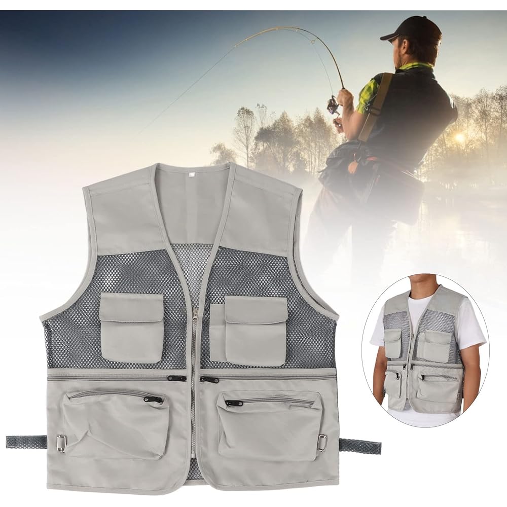 Entatial Fishing Vest, Outdoor Vest Mesh, Comfortable Polyester Card Fabric, Suitable for Various Activities such as Fishing, Photography, Hunting, Traveling (L, Light Gray)