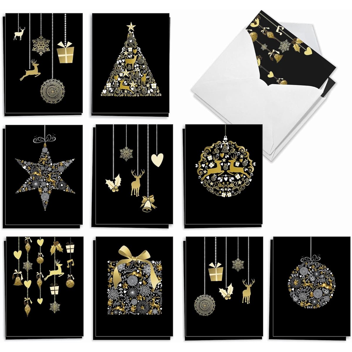 The Best Card Company Golden Holidays - 20 Assorted Boxed Merry Christmas Note Cards with Envelopes (4 x 5.12 inches) - Gold and Silver Christmas Icons on Black AM6723XSG-B2x10