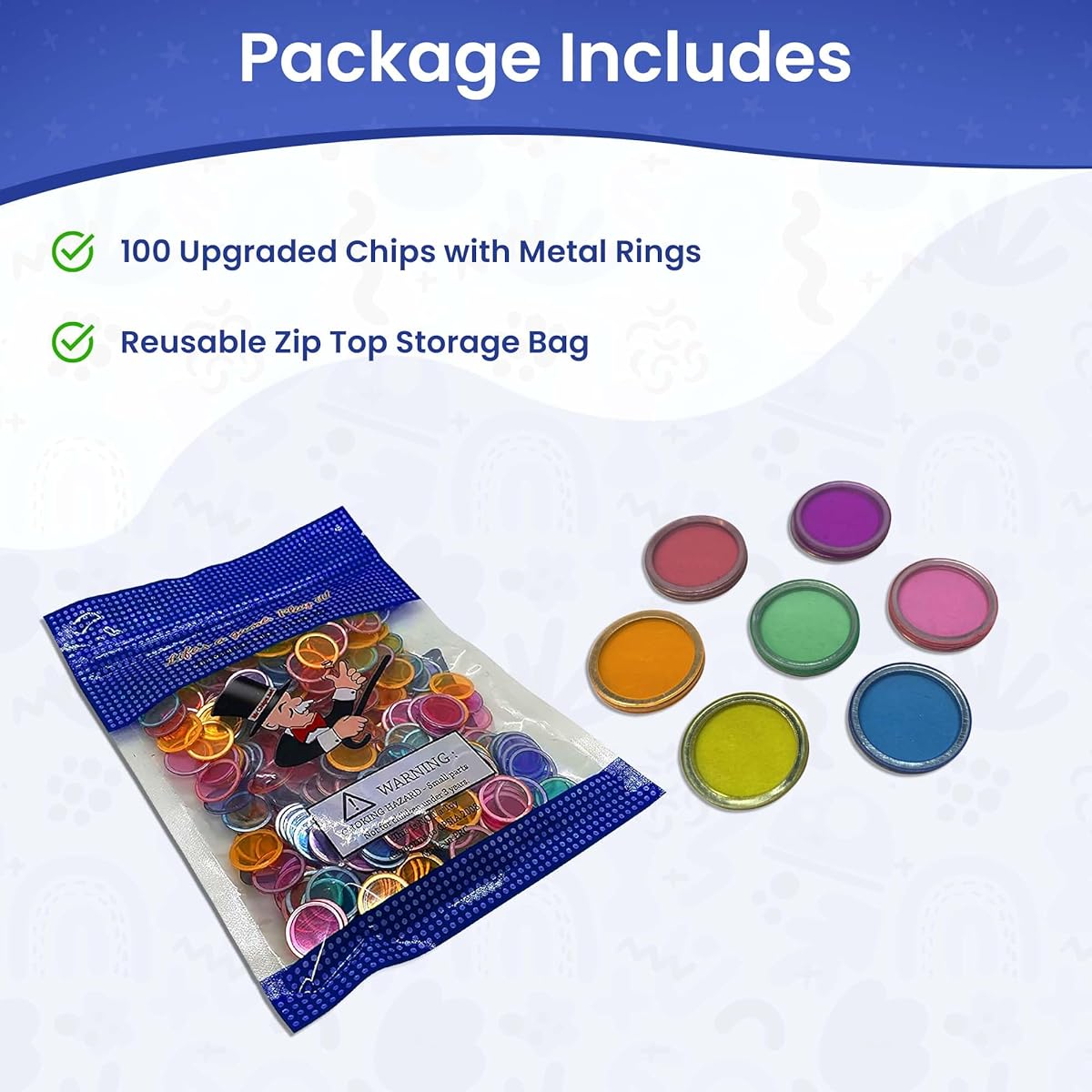 MR CHIPS Magnetic Bingo Chips Metal Edge 3/4 Inch - Upgraded 100 Piece Clear Bingo Chips - Available in 7 Colors in a Reusable Bag