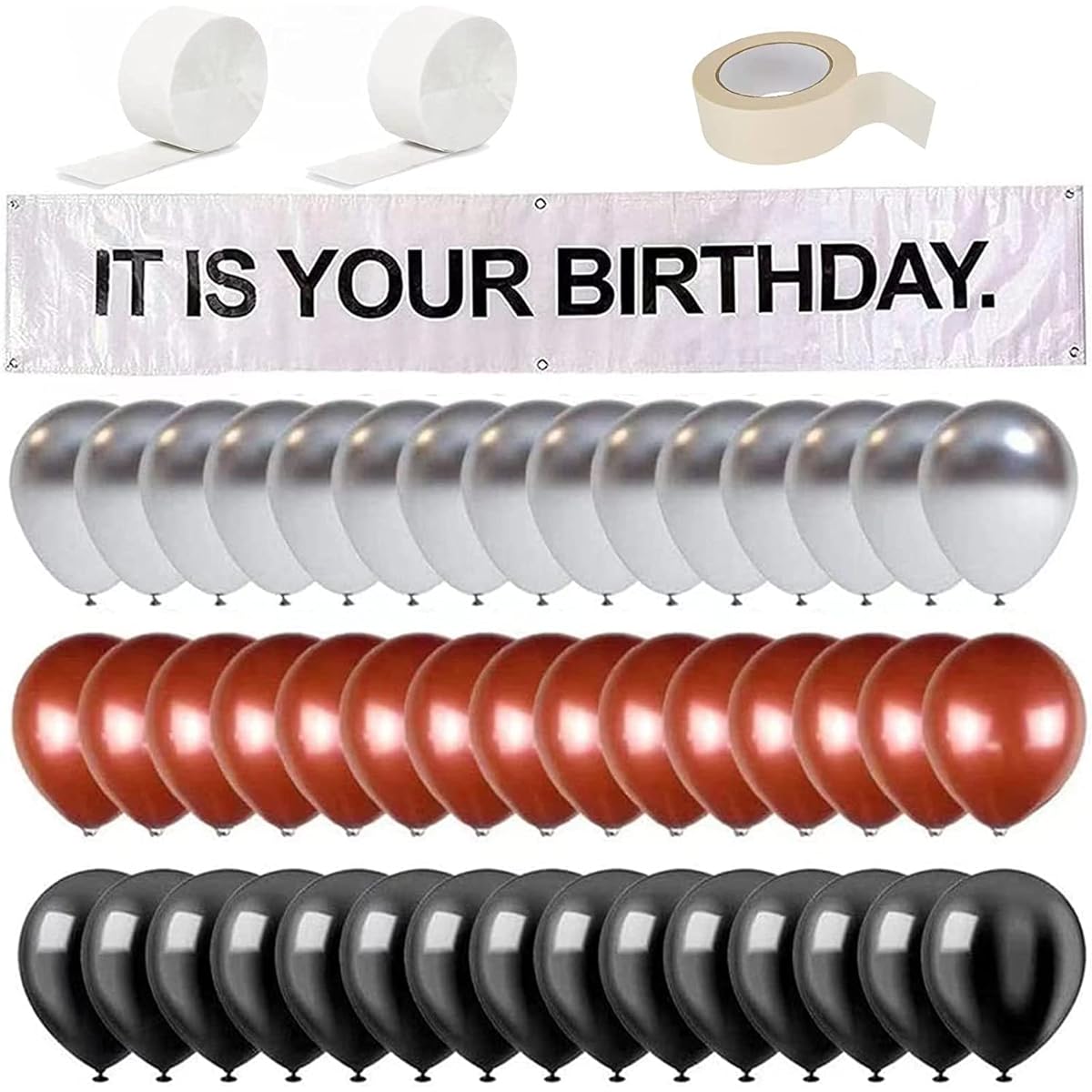 Dwight K Schrute It is Your Birthday Banner, Office Dwight Theme Notorious Husband Birthday Party Decorations, Brown, Black, Grey Balloons, White Crepe Streamers Roll, Set of 48