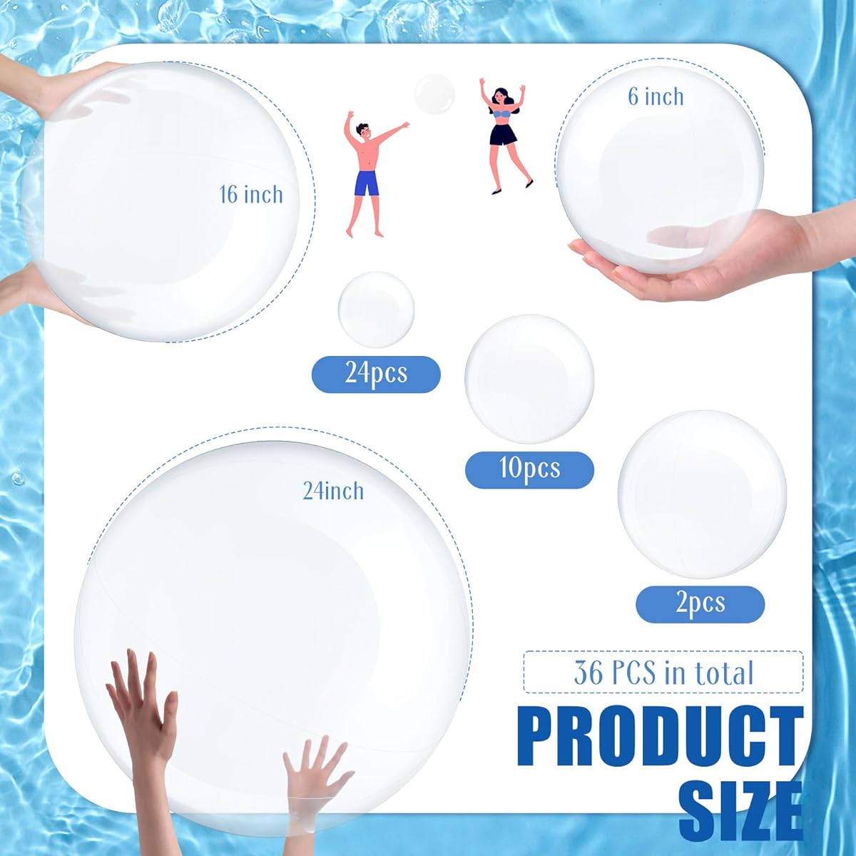 PullCrease 36pcs Inflatable Clear Beach Balls, 3 Different Sizes 6", 16", 24", Transparent Swimming Pool Party Balls for Outdoor Summer Beach Hawaii Party Favors Pool Water Toys Beach Balls