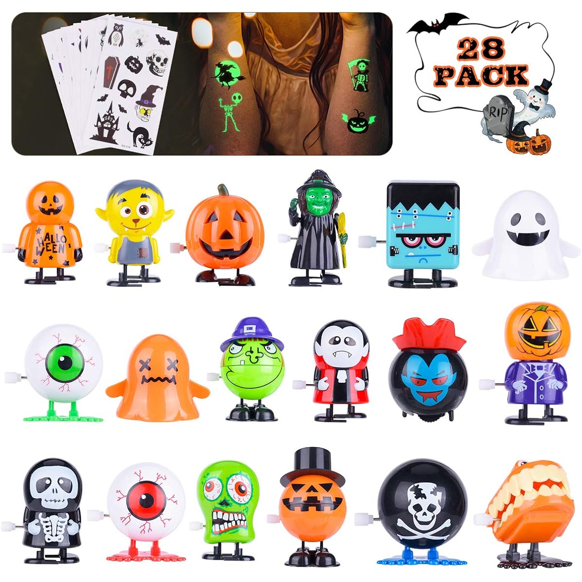 ys Halloween Wind-up Toys [Domestic Shipping, Just in Time for Halloween] 18 Pieces, 10 Fluorescent Stickers, 28 Piece Luxury Set, No Batteries Required, Wind-up Mechanism, Halloween Kids Prizes, Party Goods, Kids' Party, Festival Toys, Birthday Presents
