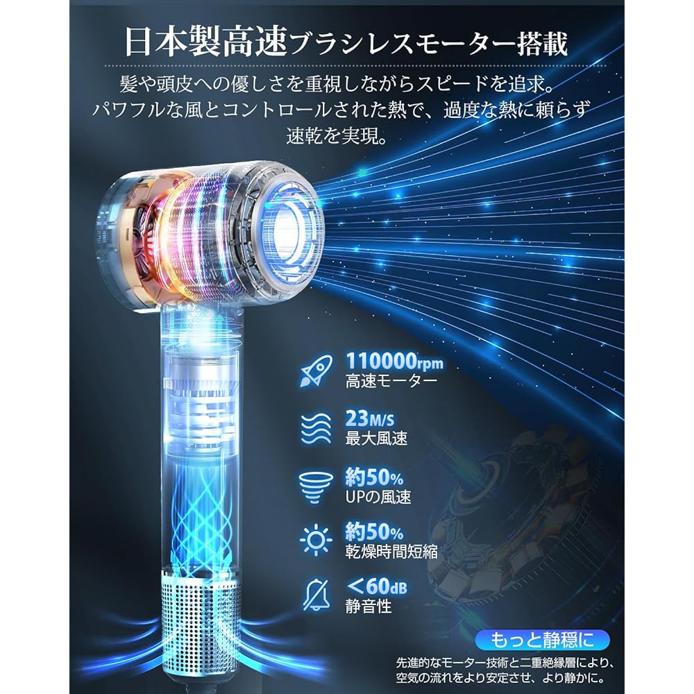 BAYATA ZCY885 Dryer, Large Airflow, High Wind Speed, Quick Drying, Brushless Motor, 200 Million Negative Ions, Hot and Cold Rhythm, 110,000 RPM, 4 Levels of Wind Speed, 4 Wind Temperature Modes,