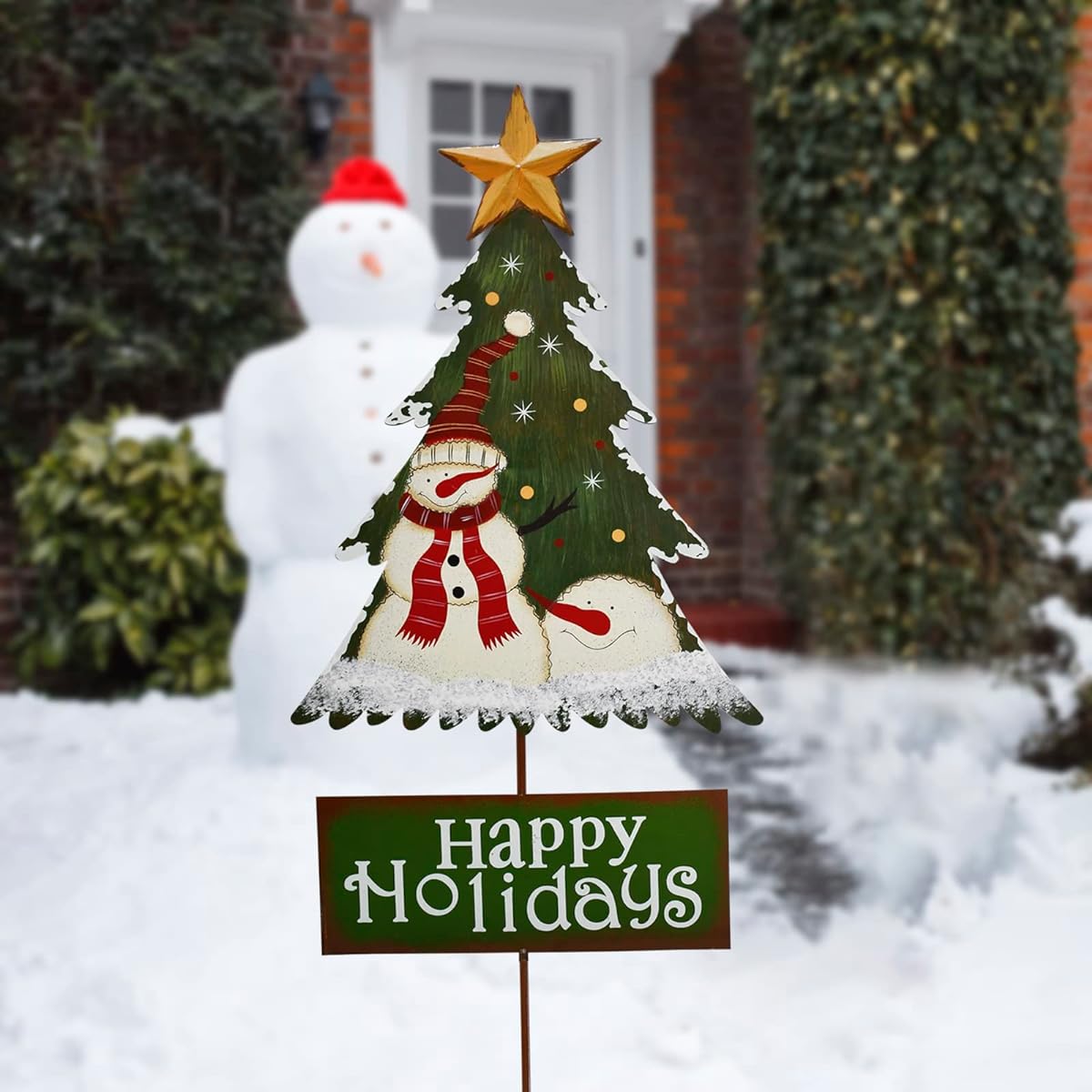 Metal Christmas Tree Garden Stake Snowman Santa Christmas Yard Sign Decoration Winter Holiday Xmas Decor Lawn Walkway Driveway Patio Rustic Ornament (Happy Holidays)