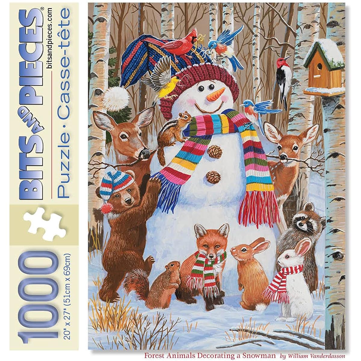 Bits and Pieces - 1000 Piece Jigsaw Puzzle for Adults 20' x 27'' - Woodland Animals Decorating a Snowman - 1000 Piece Winter Snow Holiday Forest Scarf Bird House Jigsaw Puzzle by Artist William Vanderdasson
