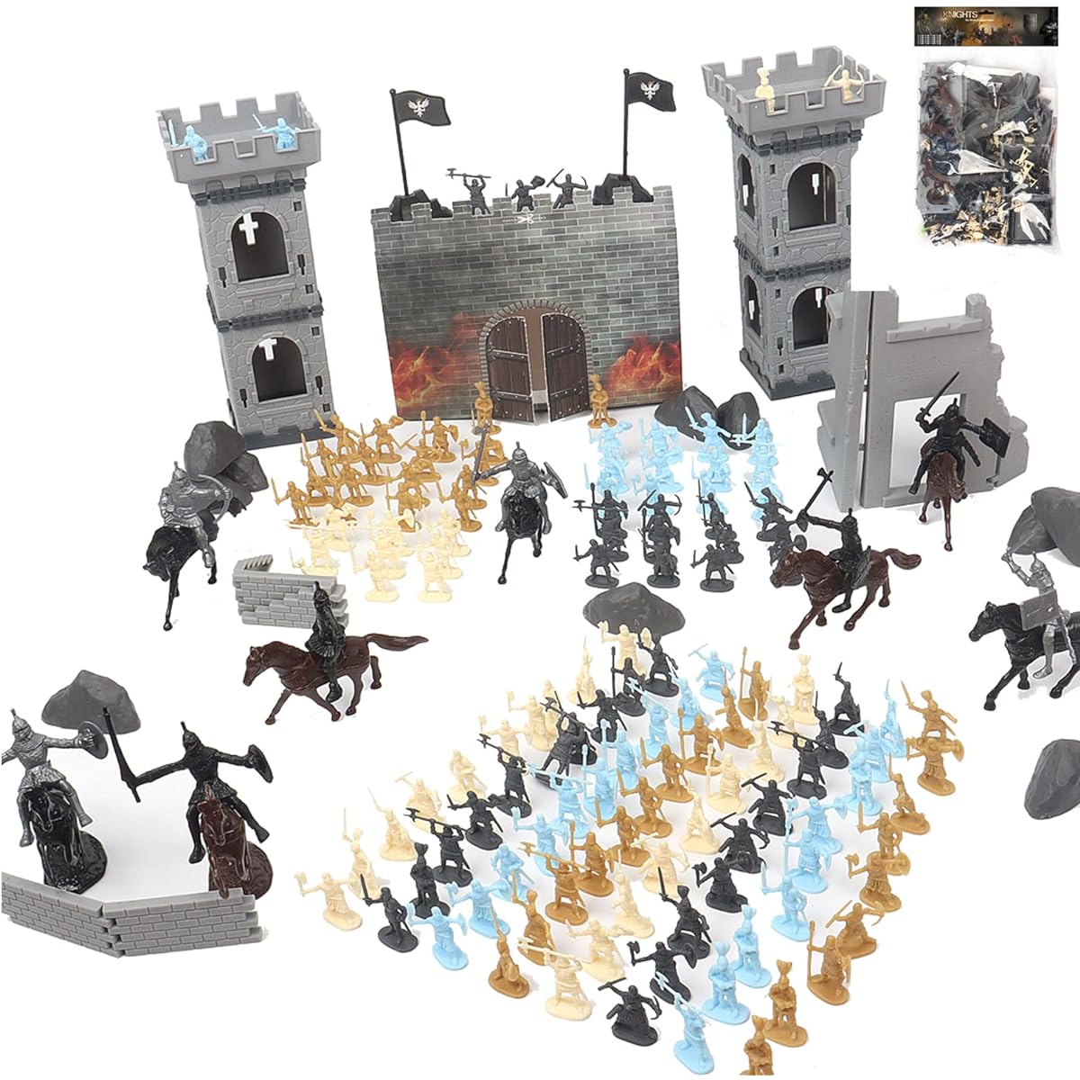 Castle Toy Knight Toy Castle Playset Military Toy Carry Bag 250 Pieces Medieval Castle Ruins Siege Cart Helps Children's Intellectual Development (4 Colors Castle Soldiers)