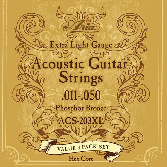 Aria Acoustic Guitar Phosphor Bronze Strings 3Set Pack (AGS-203XL Extra Light, 12 sets)