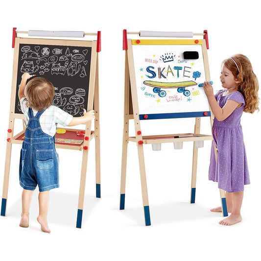 HONEY JOY Art Easel for Kids, Wooden Drawing Chalkboard & Dry Erase Whiteboard with Paper Roll, 3 Adjustable Heights, Storage Shelf, Magnetic Alphabet, Toddler Painting Easel Stand, Art Supplies Set