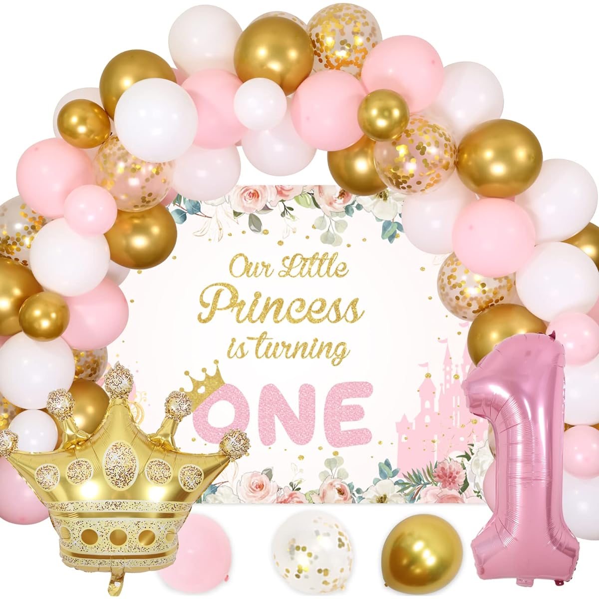 kreat4joy Little Princess 1st Birthday Decorations, Gold, Pink & White, Women's 92 Pieces with Background & Crown Foil Balloons