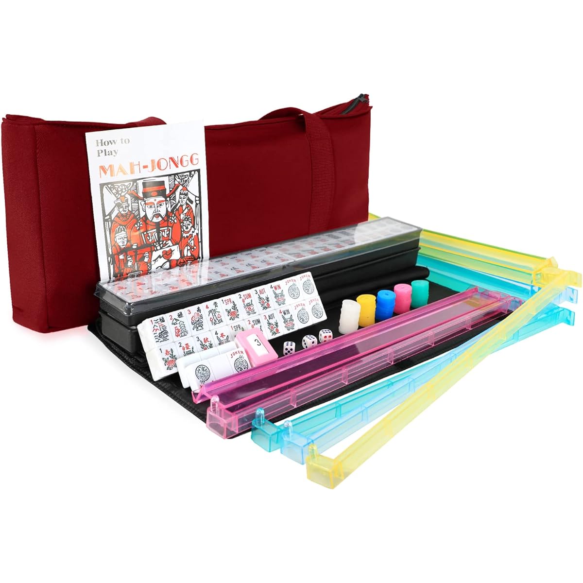 ORIENTOOLS American Mahjong Game Set, 166 Premium White Tiles, 4 All-in-One Mahjong Rack with Pushers, Red Carry Travel Bag and Accessories, Classic Full Size Mahjong Set