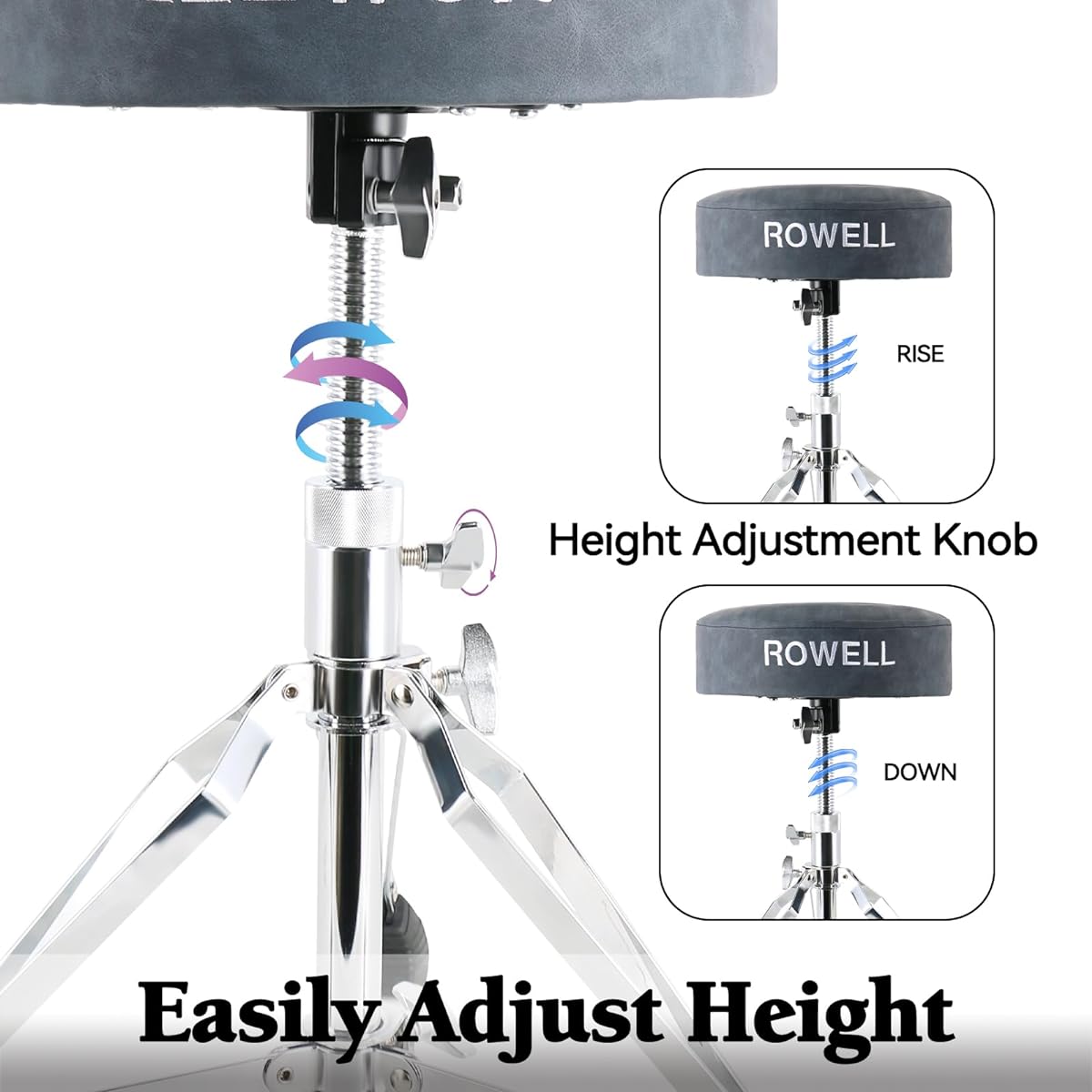 ROWELL Drum Throne Height Adjustable Drum Stool Drum Throne Thick Padded Double Support Anti-Slip Drum Seat Perfect for Adults and Drummers Drum Sticks Drum Keys (Textured Blue)