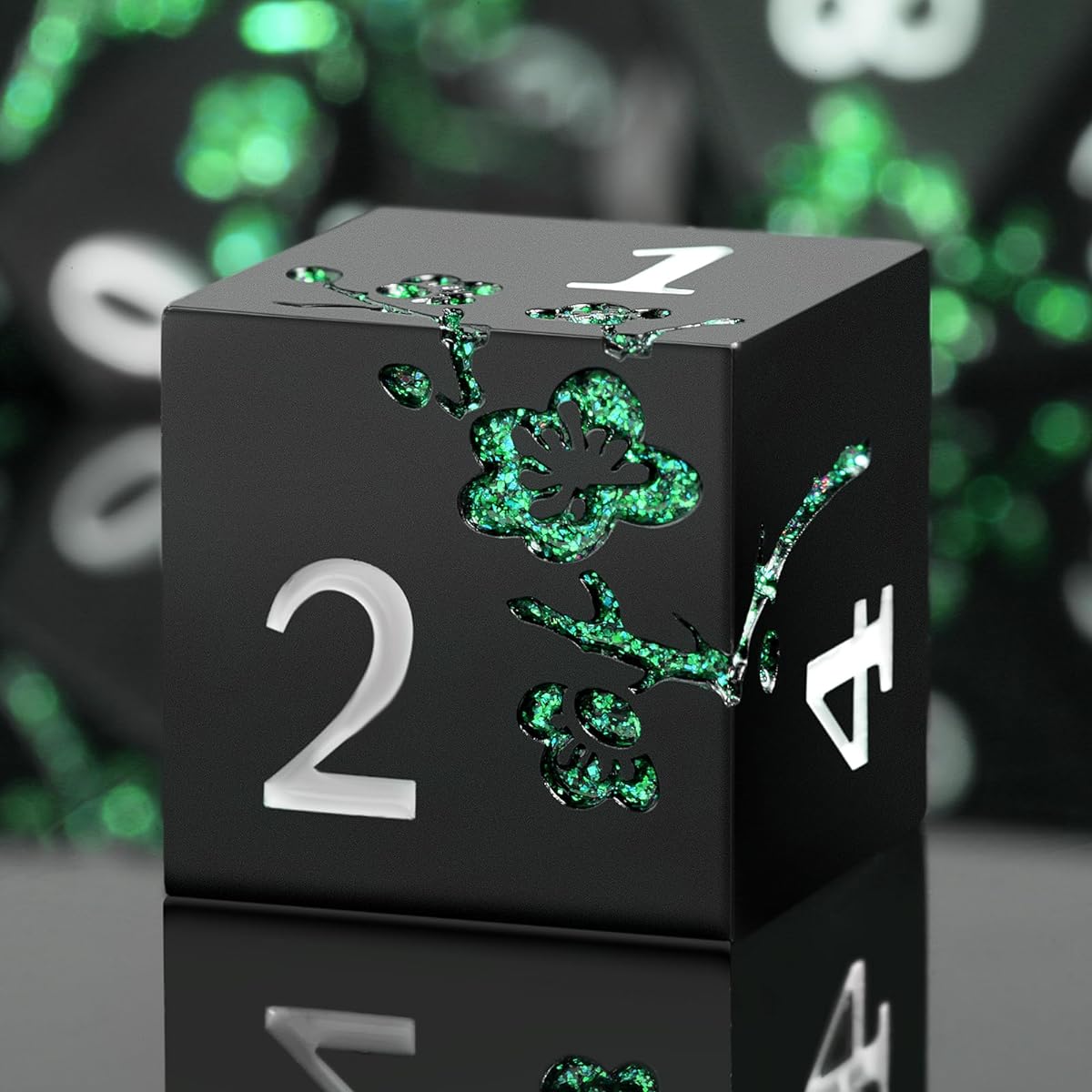 DNDND Glitter Green Metal Dice 7 Pieces Flower Metallic DND Dice Set with Poor Gift Case for Dungeons and Dragons Tabletop Game (Matte Black Glitter Green Flower)