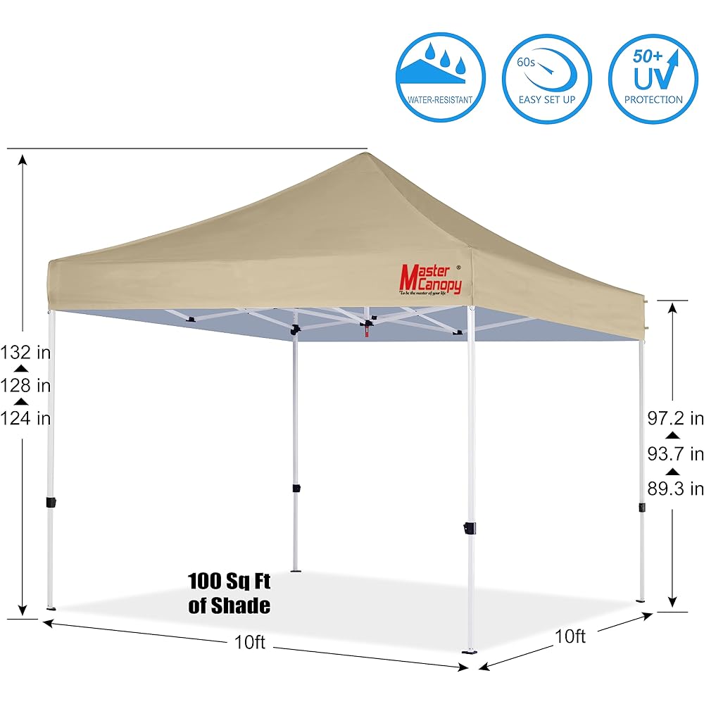 MASTERCANOPY Tarp Tent One-Touch 3M Commercial Outdoor 3 Level Adjustment Steel Frame Water Resistant UV Protection (Caster Bag Peg Rope Weight Bag Included) (Beige)