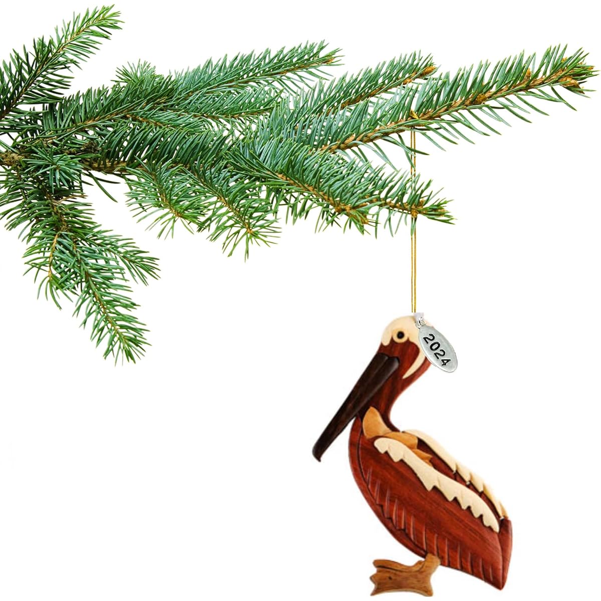 Pelican Christmas Ornament Pelican Ornament 2024 Pelican Gift Coastal/Beach Ornament Two Tone Wooden Christmas Ornament Intarsia Design Comes in a Gift Box and Ready to Give
