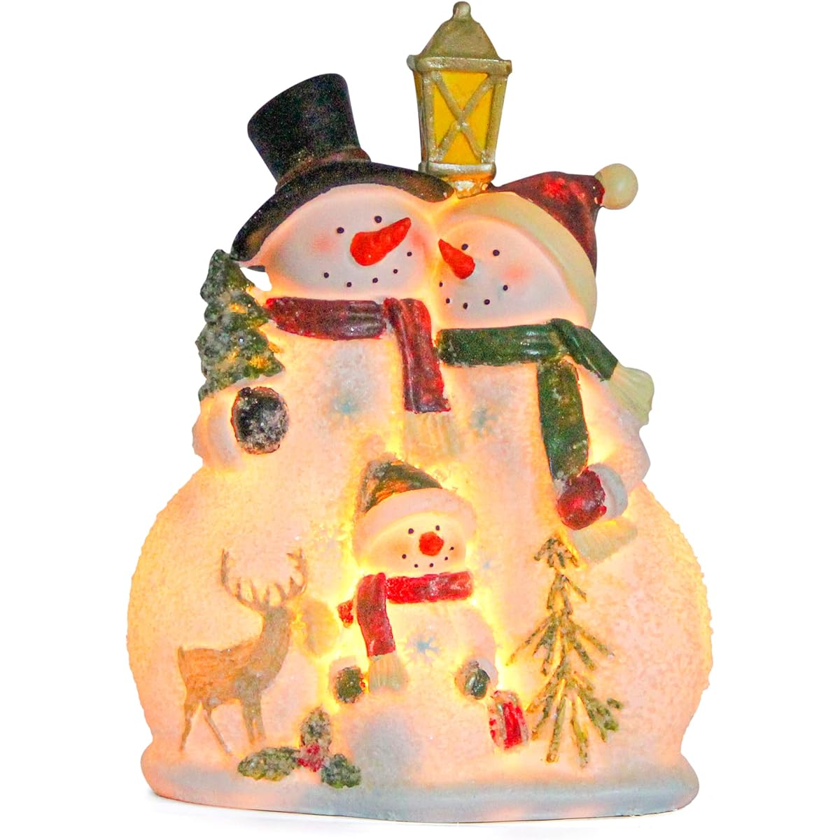 Snowman Statue with LED Lights Christmas Decorations Xmas Decor Shelf Fireplace Mantle Table Winter Holidays Home Decor Accents Frosty Snowman Family Figurine Battery Operated Timer Gift