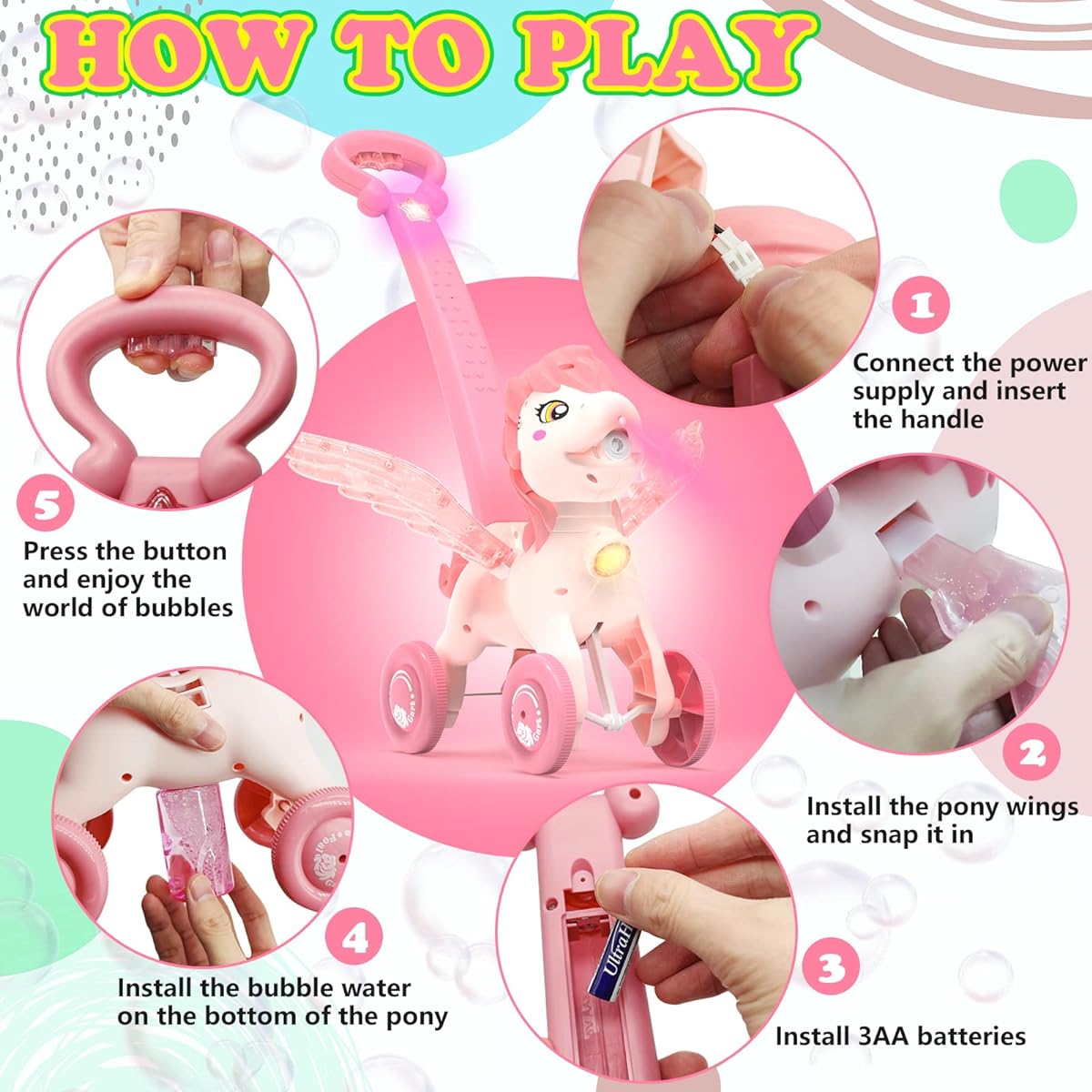 Bubble Machine Blower Lawn Mower Blaster for Kids Bubbles 1 2 3 4 5 Pink Portable Handheld Automatic Toy with Light Summer Outdoor Game Unicorn Birthday Gift for Preschool Girls