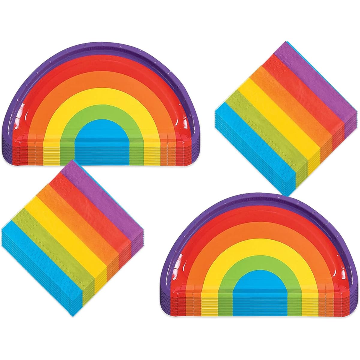 Rainbow Party Supplies – Plates, Drinks Napkins and Table Covers (bright rainbow-shaped paper dessert plates and drink napkins)