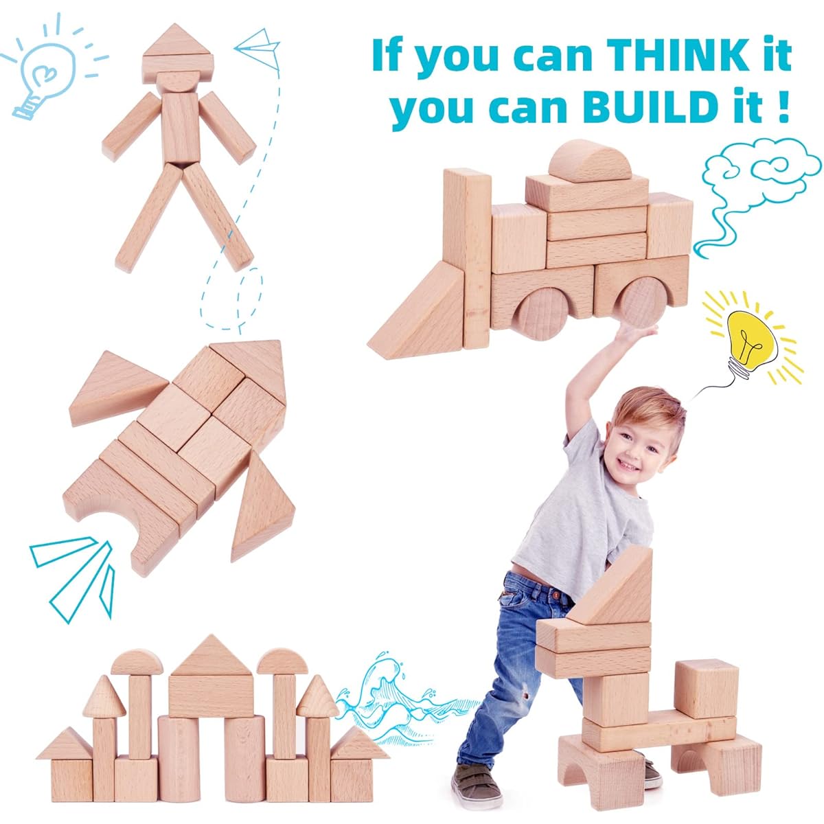 Timfuis Toddler Wooden Building Blocks Toys, 100 Pieces Kids Natural Wood Stacking Blocks Set Standard Units Preschool Montessori Toys Birthday Gifts for Ages 3 4 5 6 Boys Girls